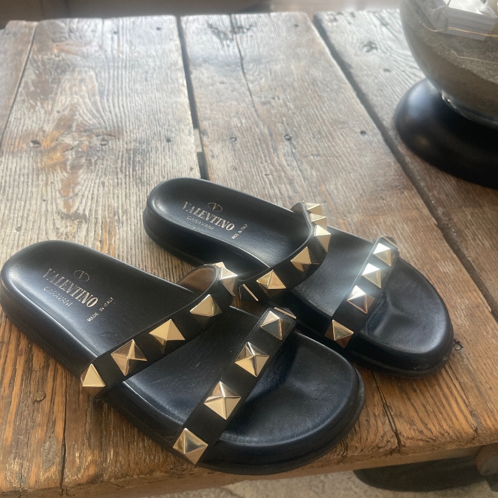 Valentino Black Leather Slide Sandals with Gold Studs